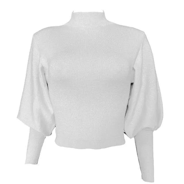 Exaggerated Lantern Sleeve Cropped Knit Sweater