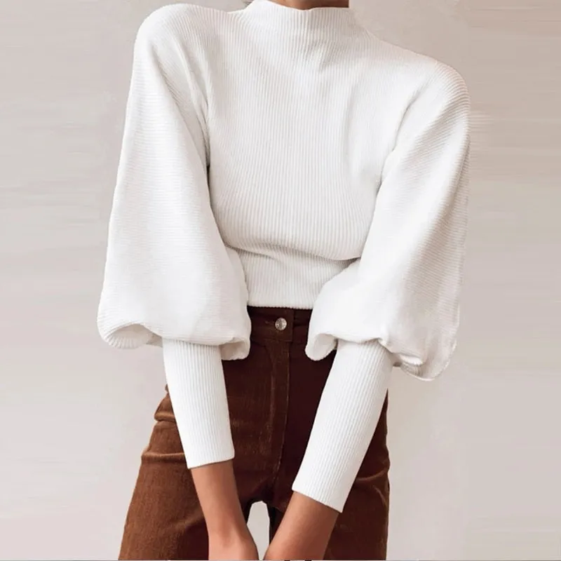 Exaggerated Lantern Sleeve Cropped Knit Sweater