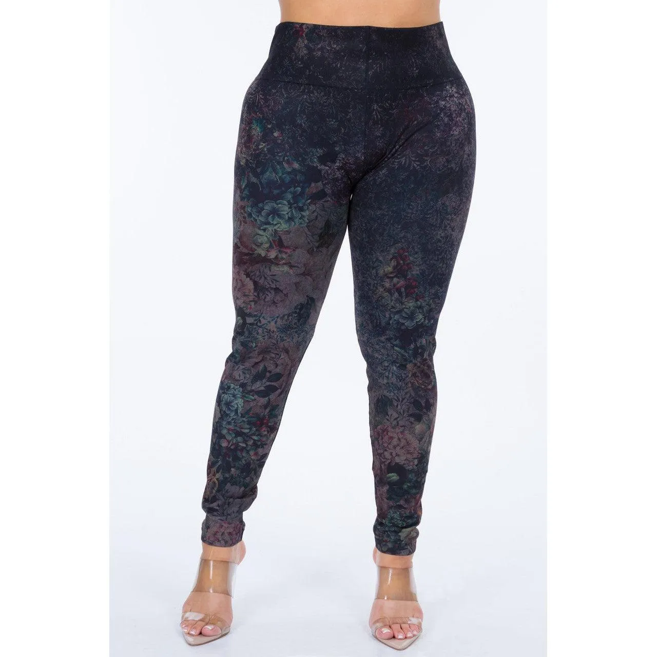 Extended Size High Waist Full Length Leggings in Abstract Floral