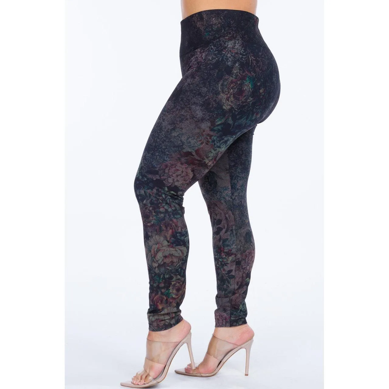 Extended Size High Waist Full Length Leggings in Abstract Floral