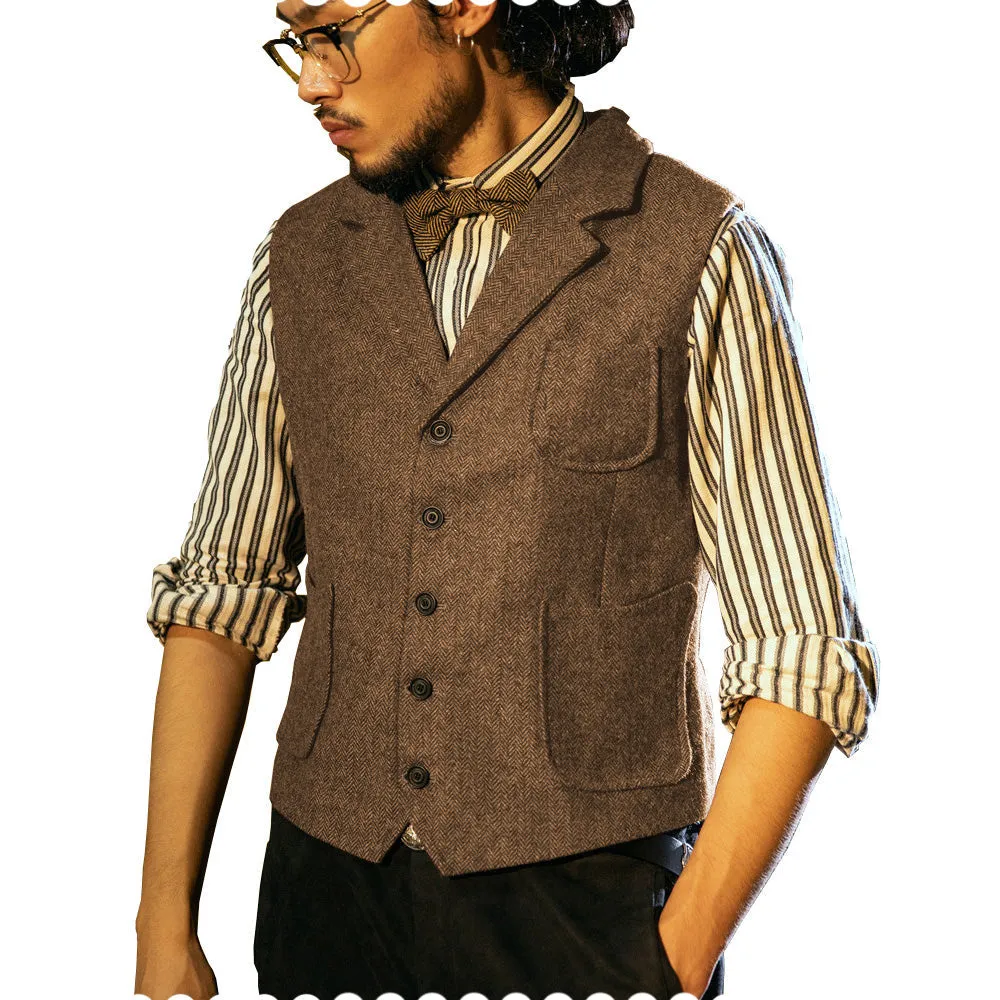 Fashion Men's Classic Tweed Herringbone Notch Lapel Waistcoat