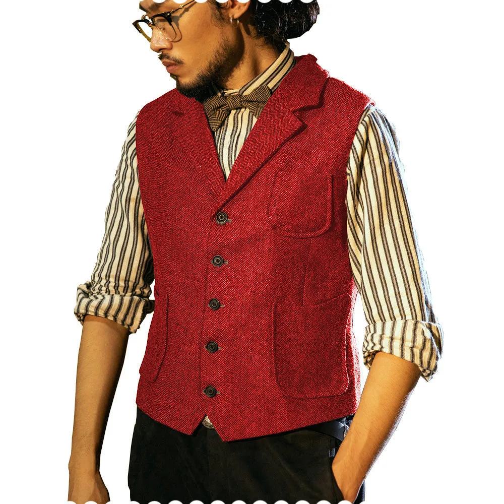 Fashion Men's Classic Tweed Herringbone Notch Lapel Waistcoat