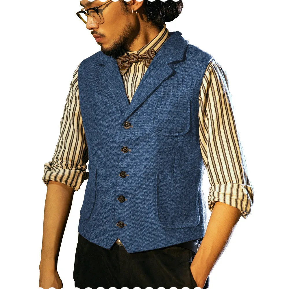 Fashion Men's Classic Tweed Herringbone Notch Lapel Waistcoat