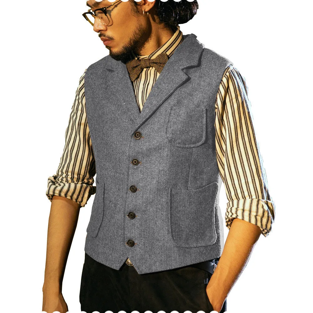 Fashion Men's Classic Tweed Herringbone Notch Lapel Waistcoat