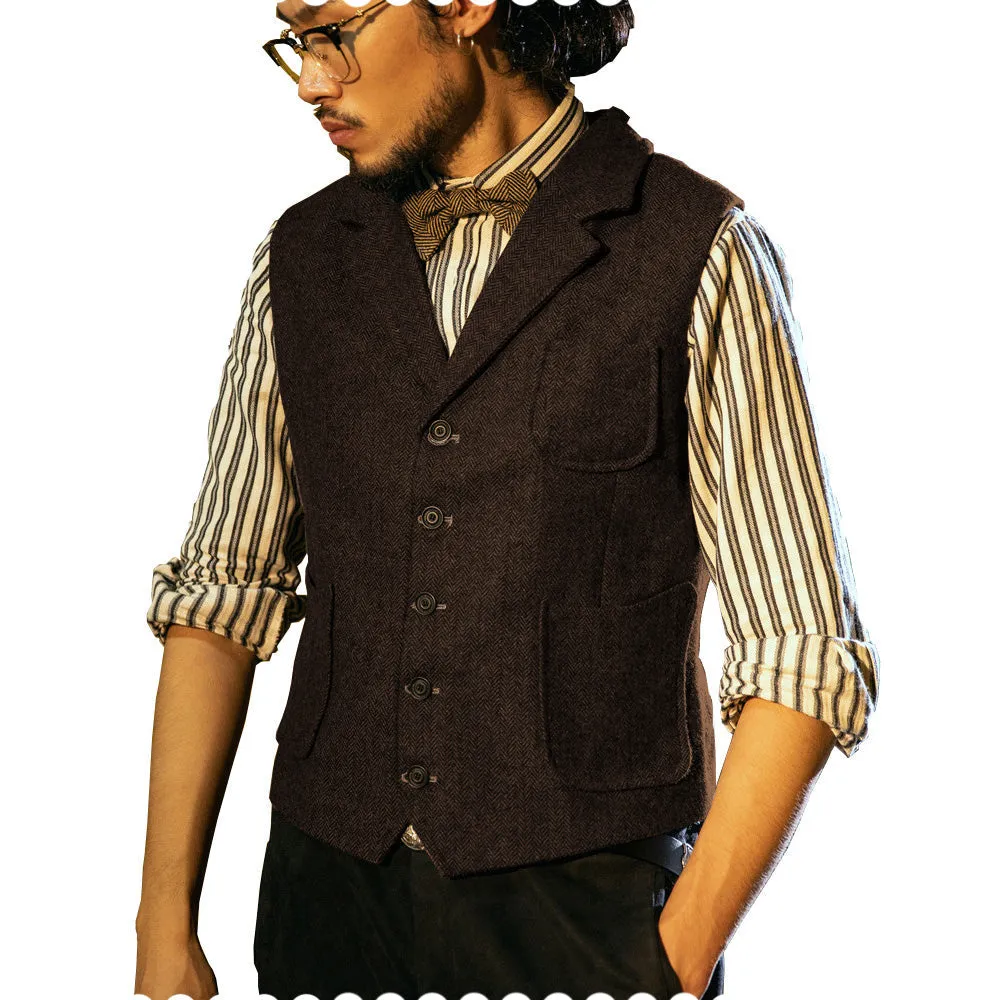 Fashion Men's Classic Tweed Herringbone Notch Lapel Waistcoat