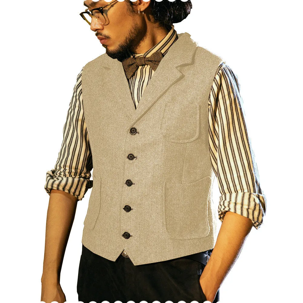 Fashion Men's Classic Tweed Herringbone Notch Lapel Waistcoat