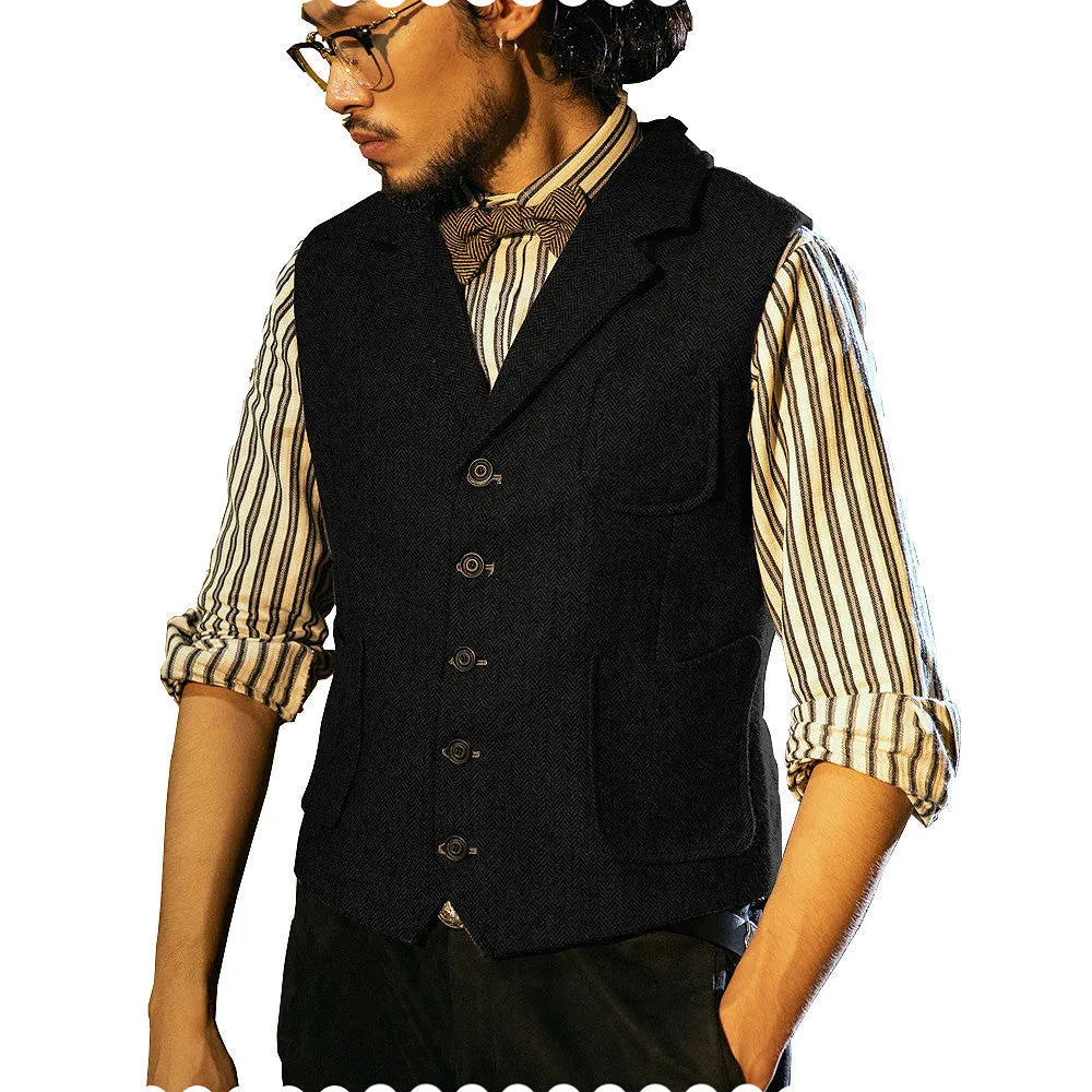 Fashion Men's Classic Tweed Herringbone Notch Lapel Waistcoat