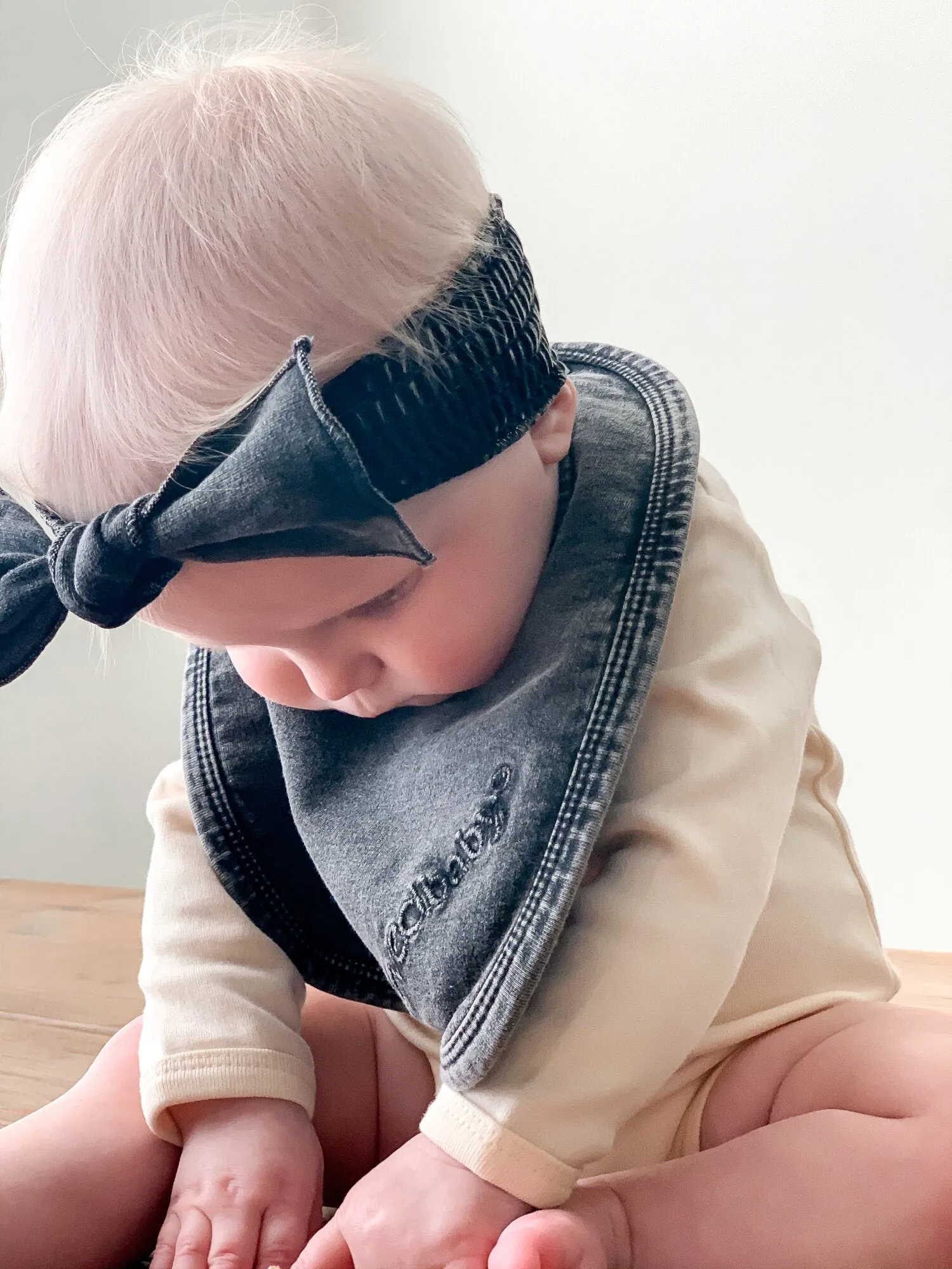 Faux Denim Smocked Headband in Black