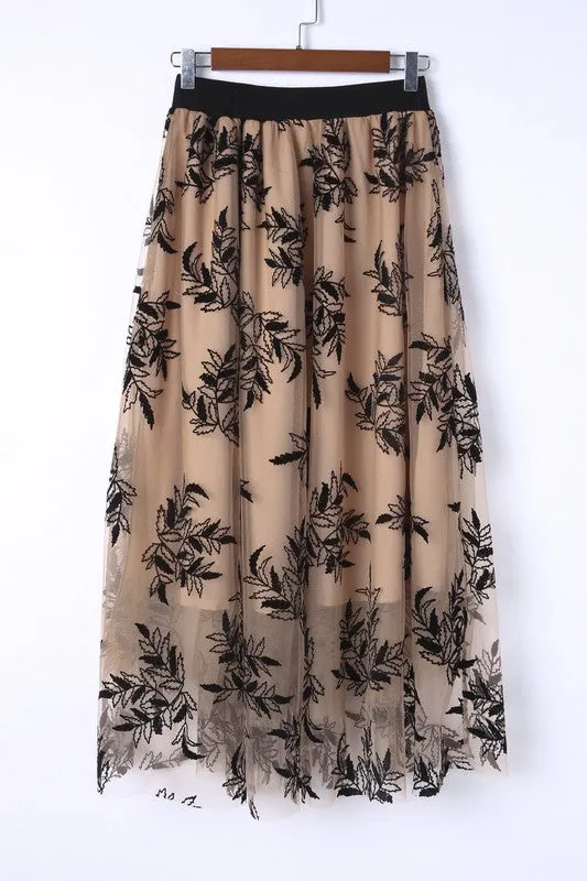 Floral Leaves Embroidered High Waist Maxi Skirt