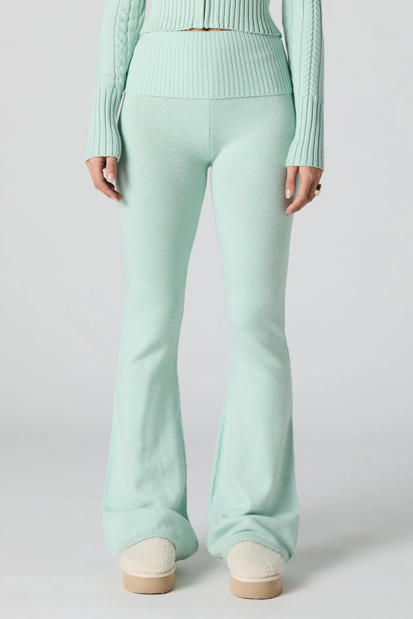 Foldover Waist Flare Knit Pant