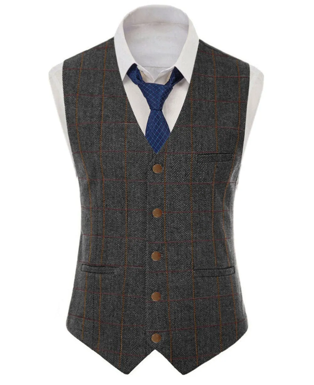 Formal Men's Suit Vest Herringbone Plaid V Neck Waistcoat for Wedding