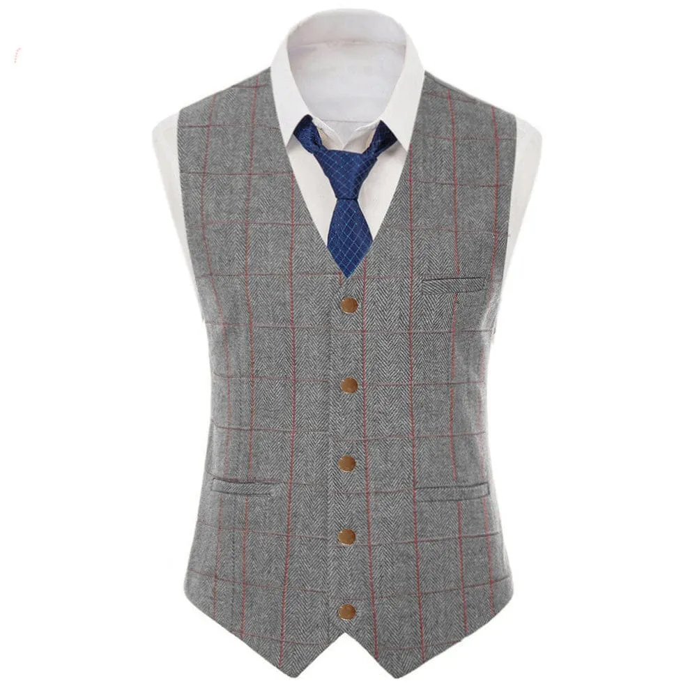 Formal Men's Suit Vest Herringbone Plaid V Neck Waistcoat for Wedding