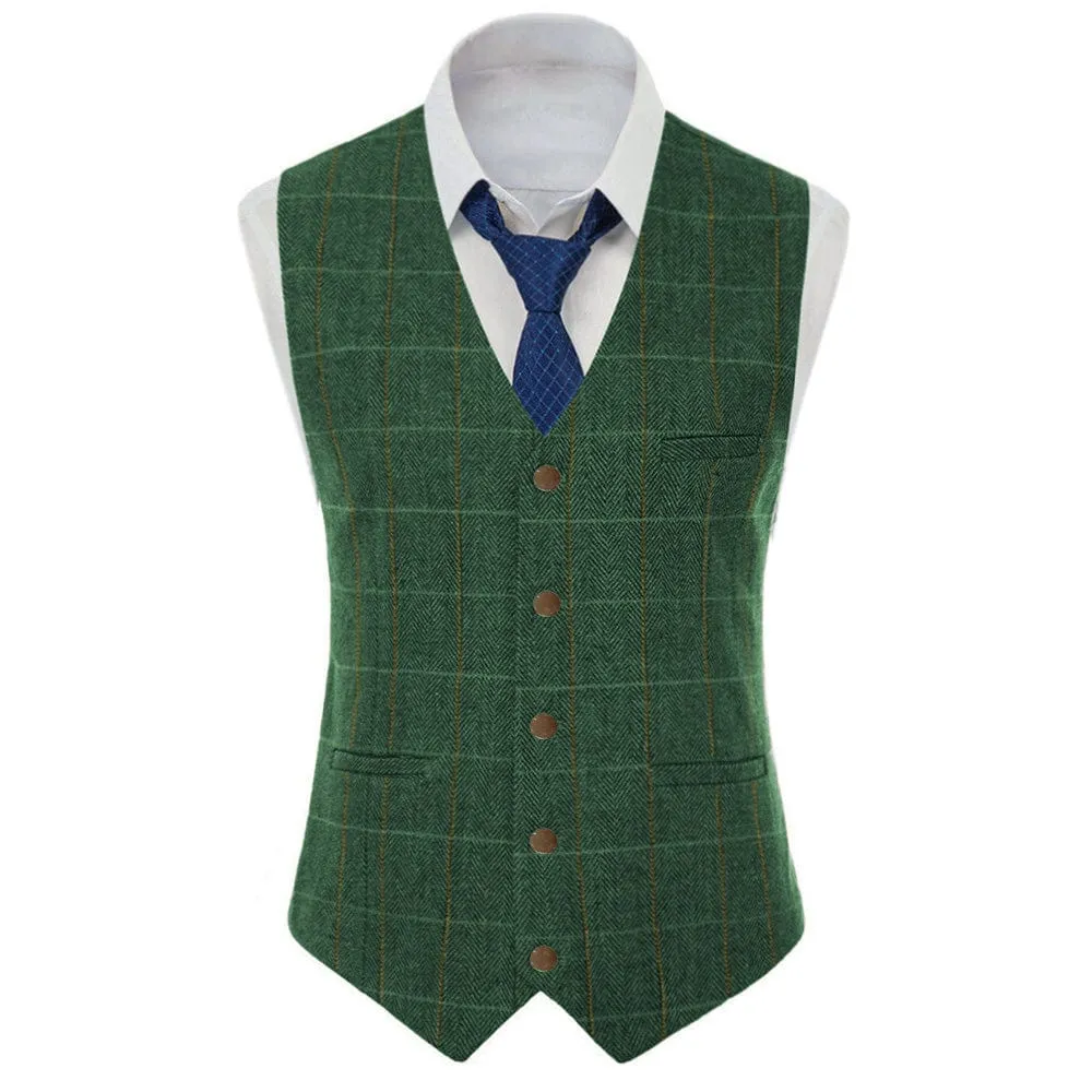 Formal Men's Suit Vest Herringbone Plaid V Neck Waistcoat for Wedding