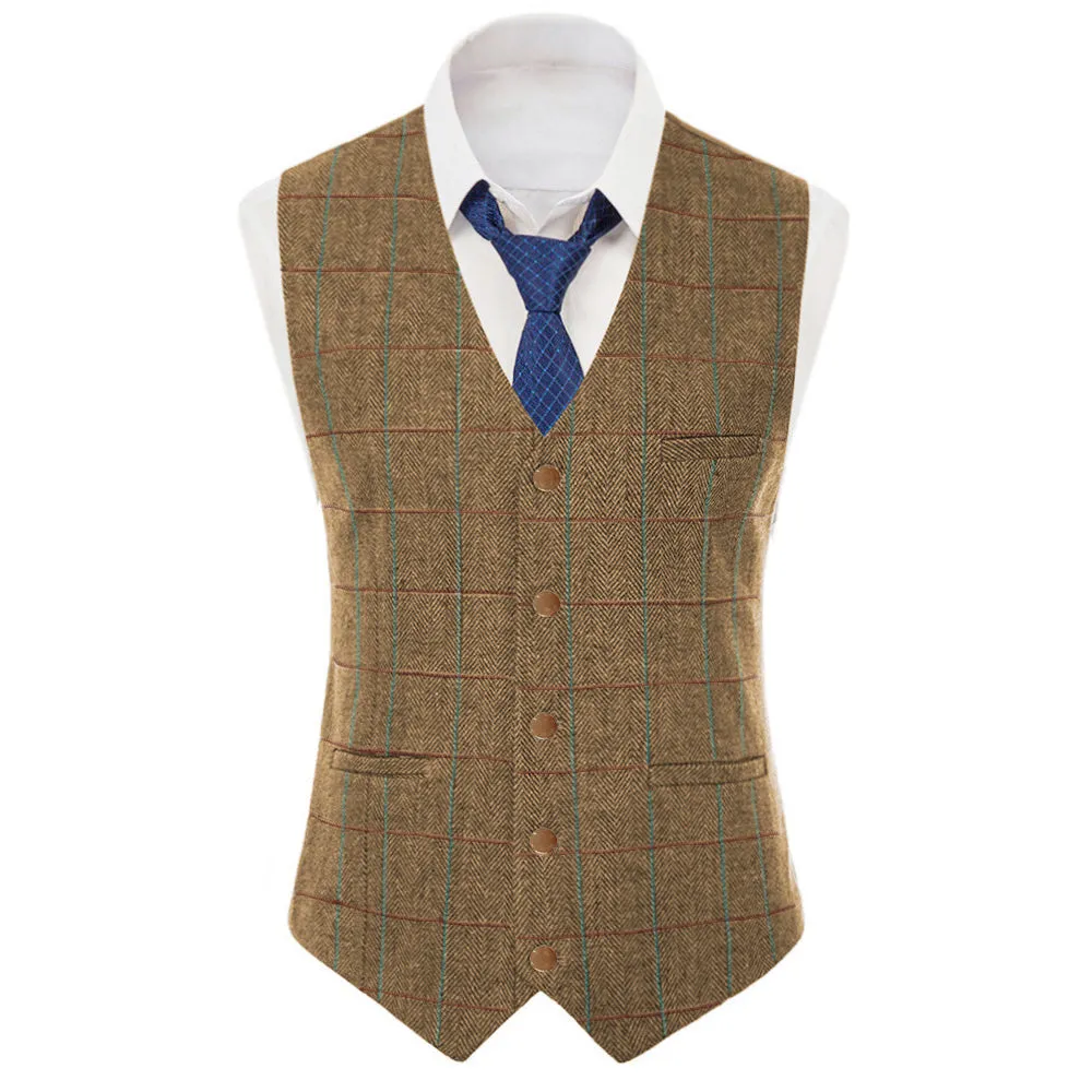 Formal Men's Suit Vest Herringbone Plaid V Neck Waistcoat for Wedding