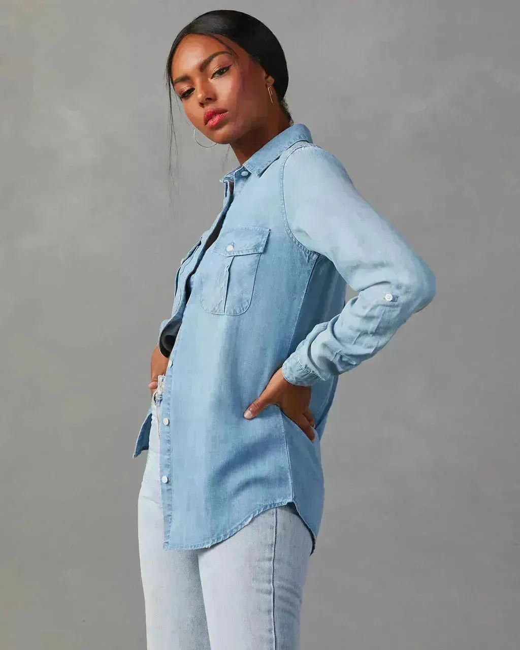 Formal Work Denim shirts for women Leisure Lapel Single Breasted Women's Long Sleeve Denim Shirt Women button down shirts