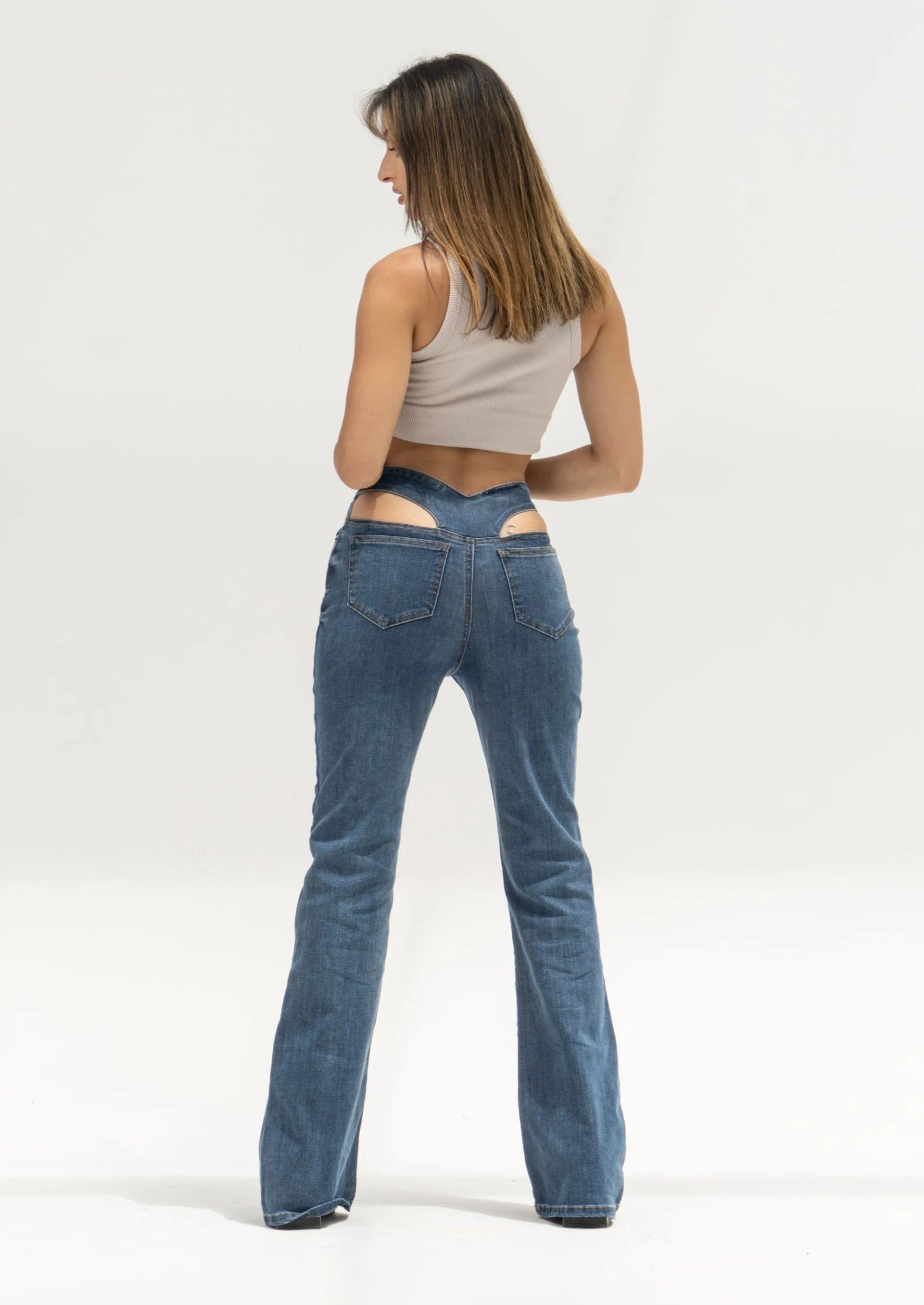 Front Seam Thong Detail Flare Jeans