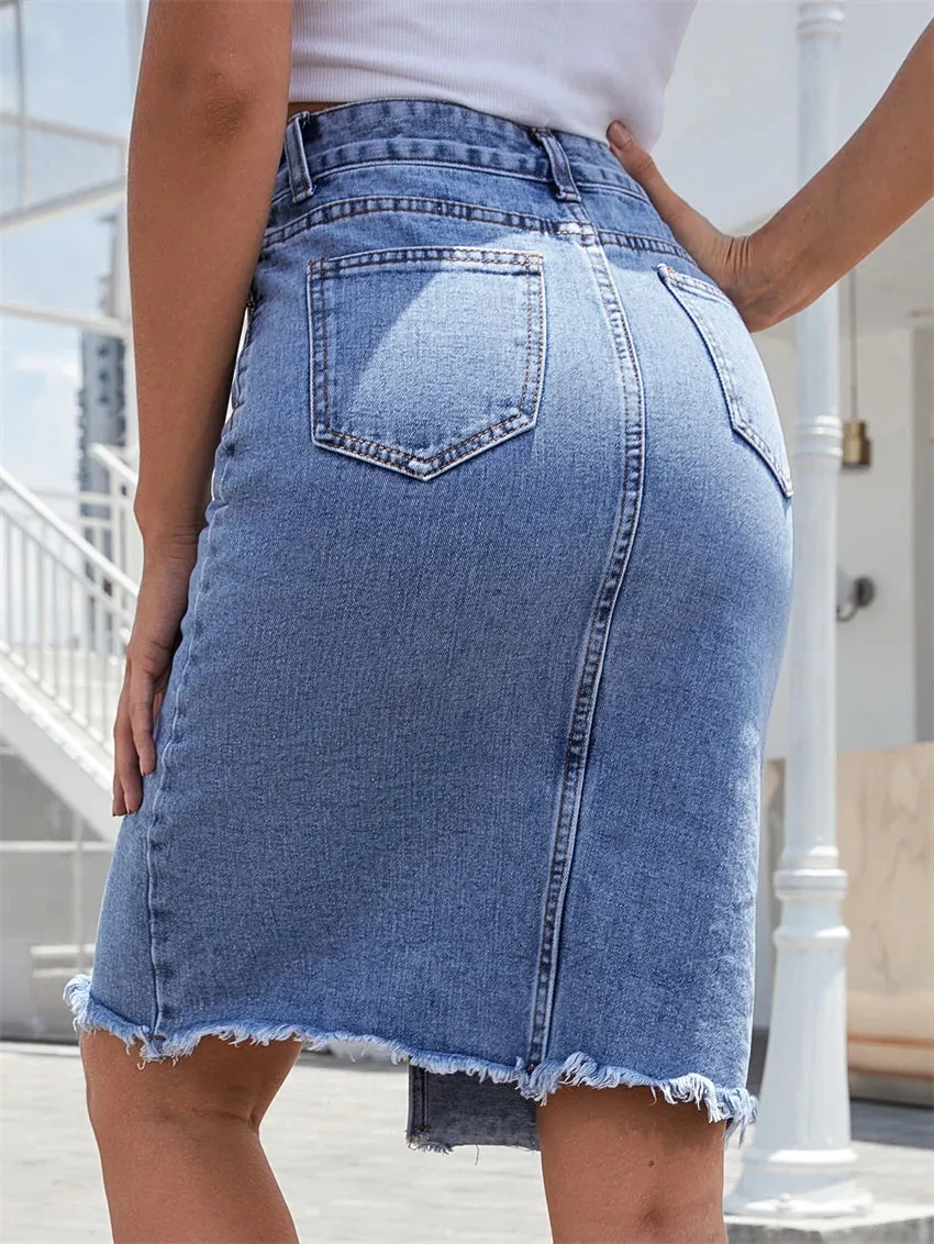 Front Slit Blue Denim Skirt Pocket High Waist Zipper Fly Midi Skirt