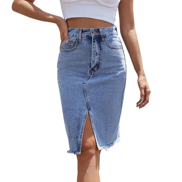 Front Slit Blue Denim Skirt Pocket High Waist Zipper Fly Midi Skirt