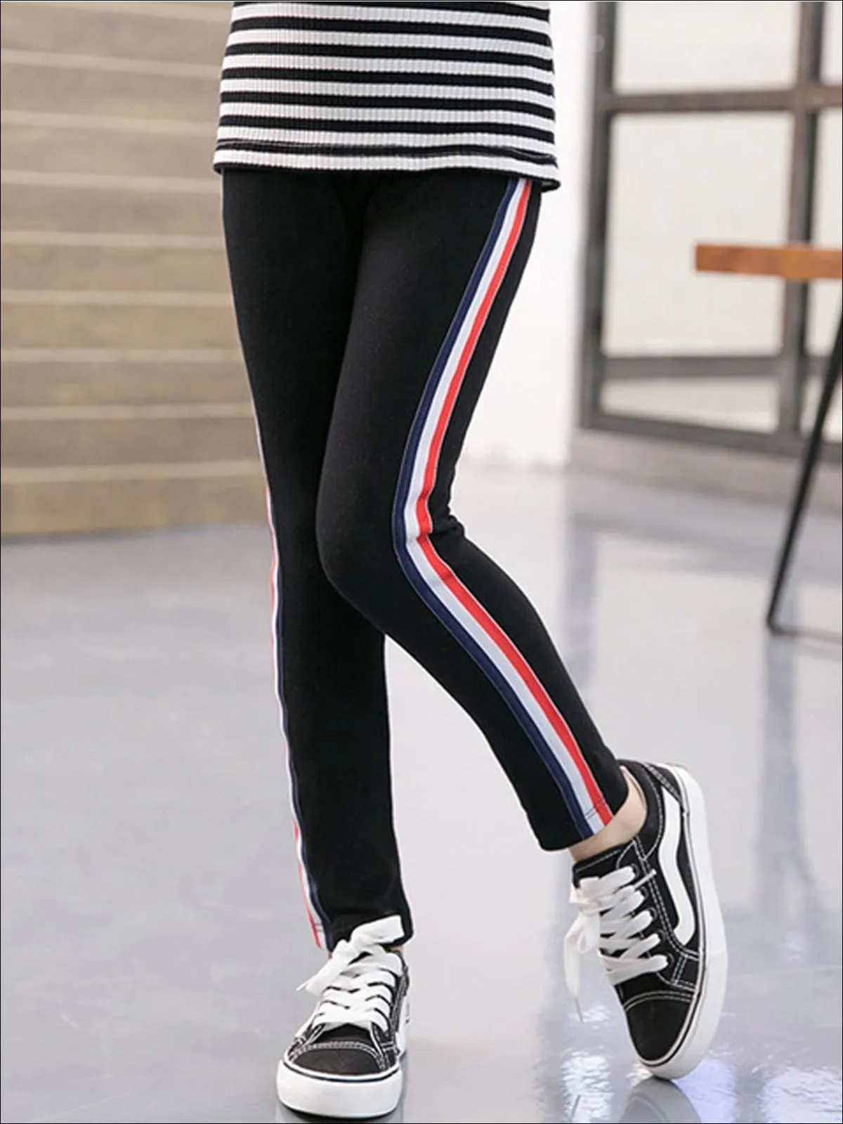 Girls Fall Casual Striped Knit Leggings