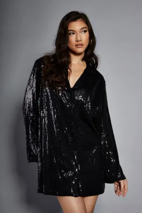 Glamorous Studio Black Sequin Relaxed Fit Mini Shirt Dress