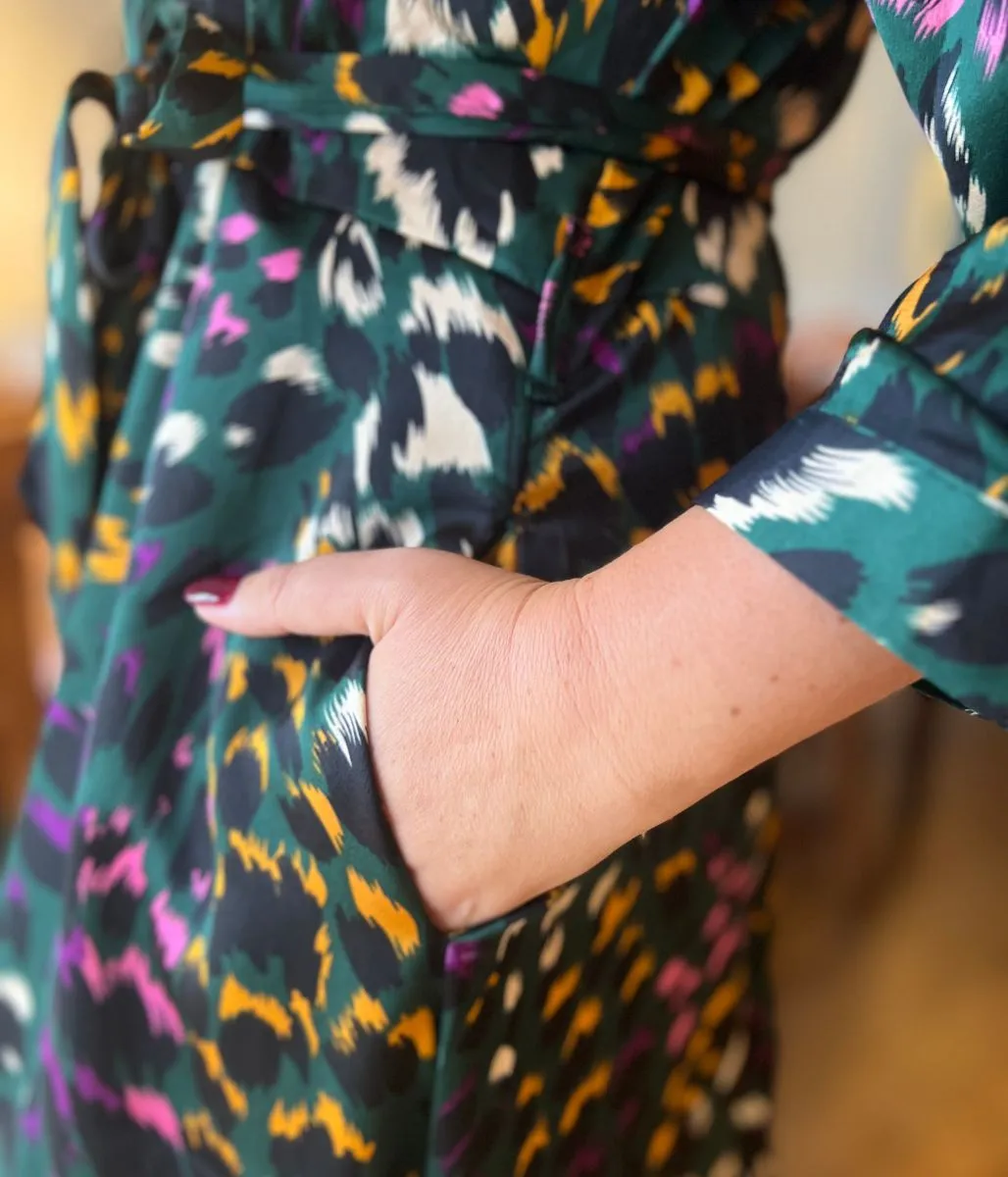 Green Ava Peacock Print Satin Shirt Dress