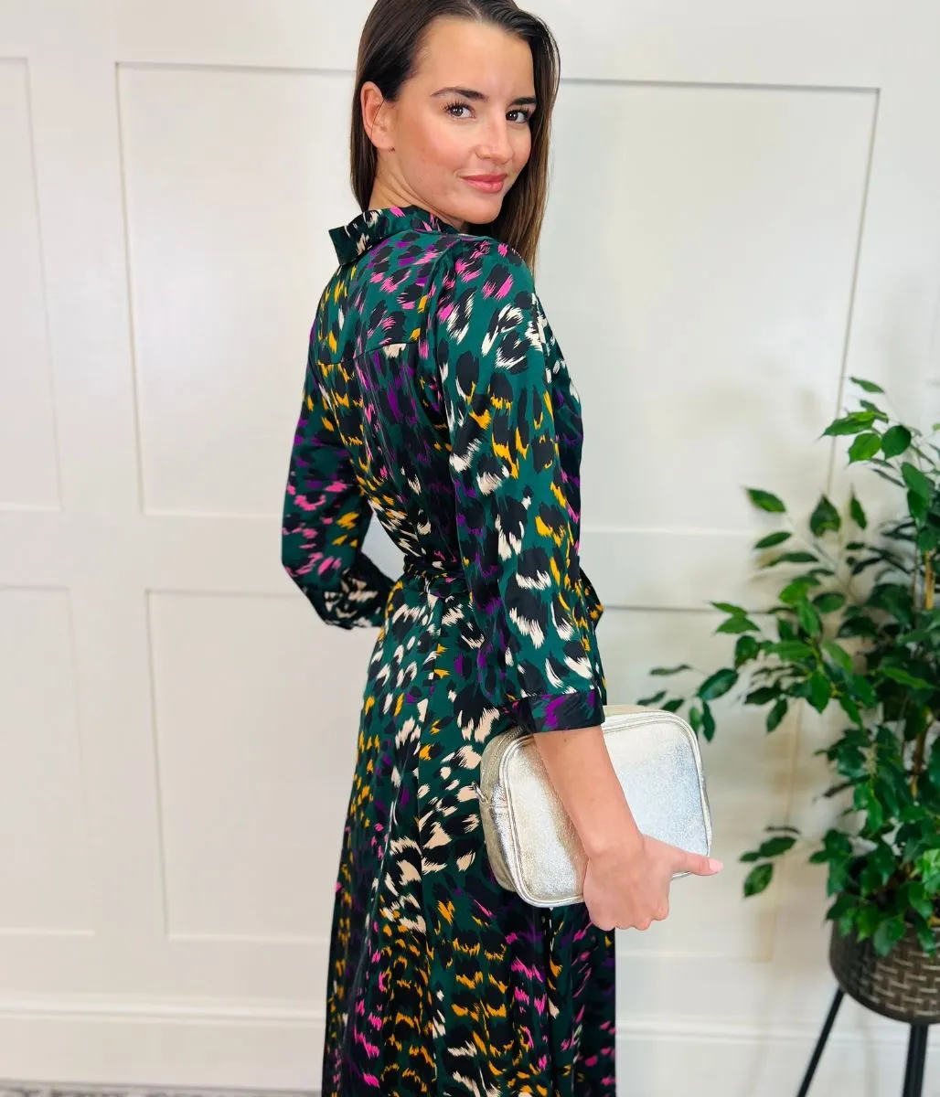 Green Ava Peacock Print Satin Shirt Dress