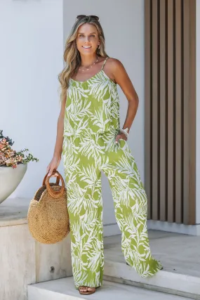 Green Leaf Print Plisse Wide Leg Pants - FINAL SALE