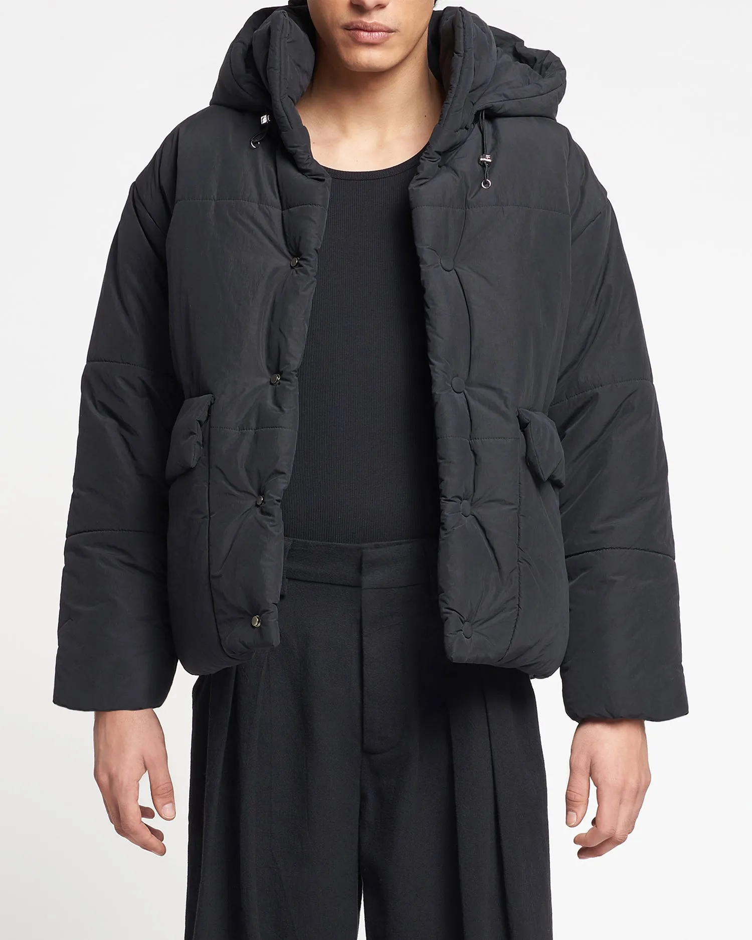 Hide Hood - Tech Poplin Hooded Puffer Jacket - Black