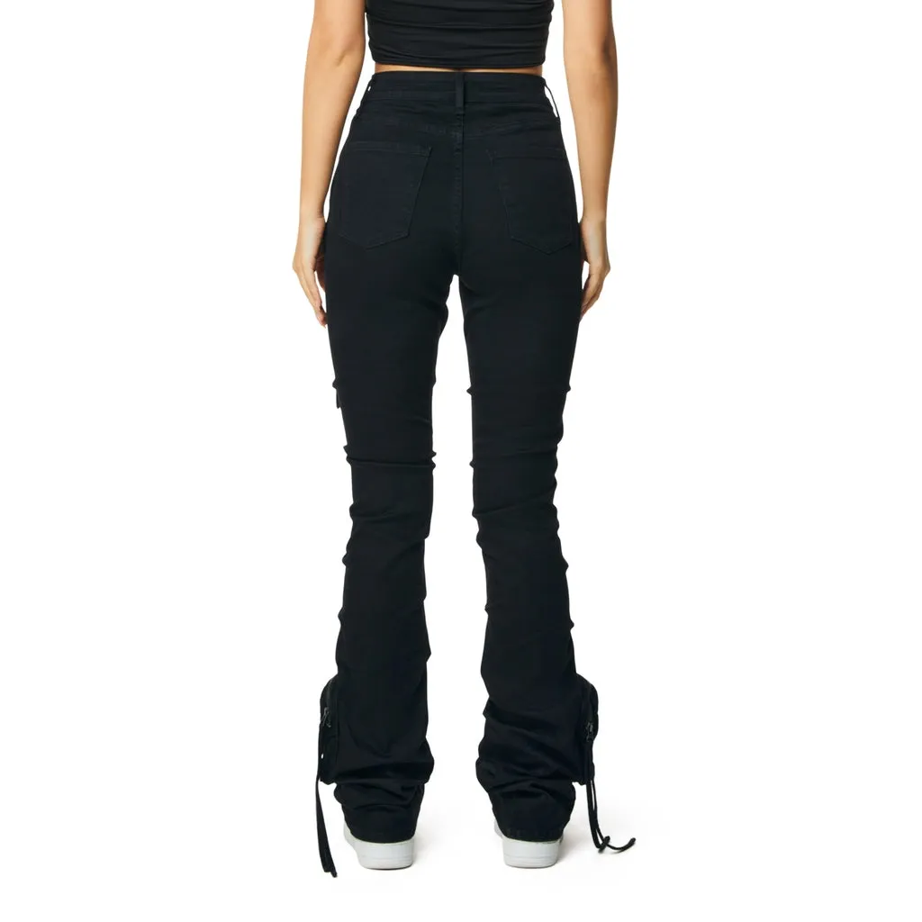 High Rise Cargo Stacked Denim Jeans - Deep Black