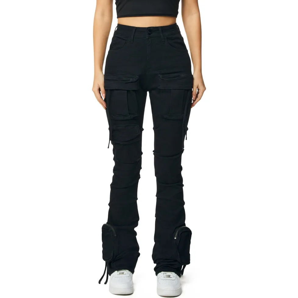 High Rise Cargo Stacked Denim Jeans - Deep Black