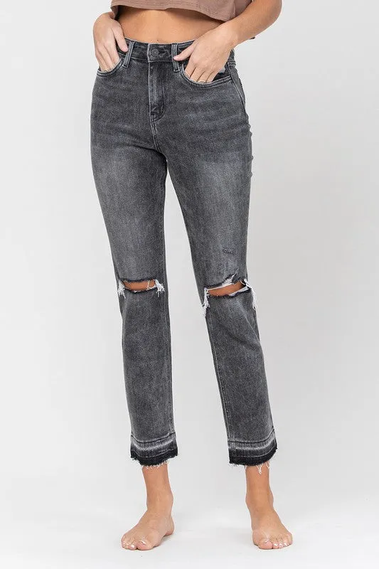 High Rise Released Hem Straight Leg Jeans