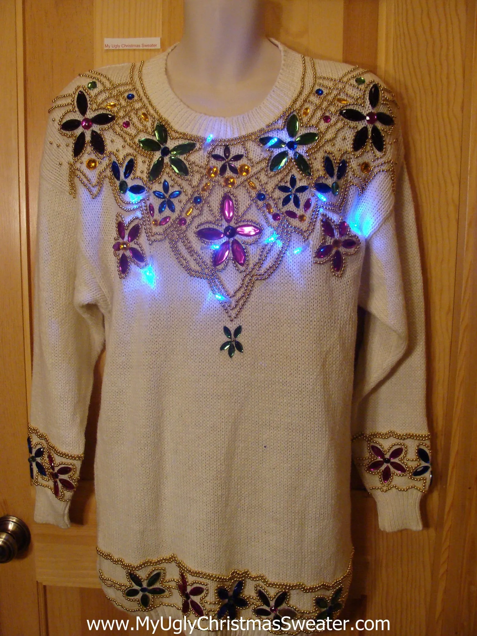 Holy Grail of Ugly Light Up Sweater with 80s Bling Poinsettias