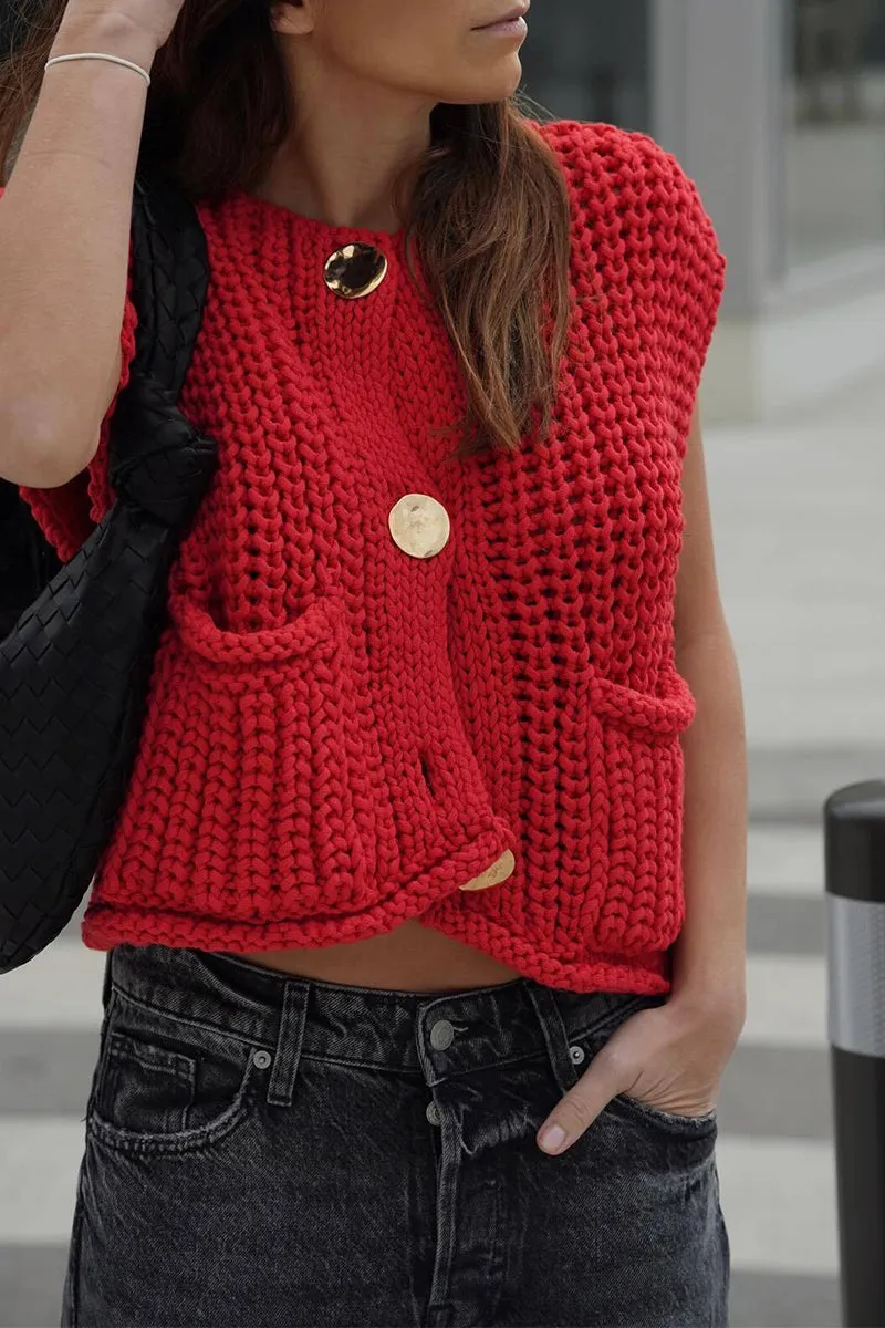 HWQ1392 Sleeveless Pocket Cropped Knit Cardigan Vest