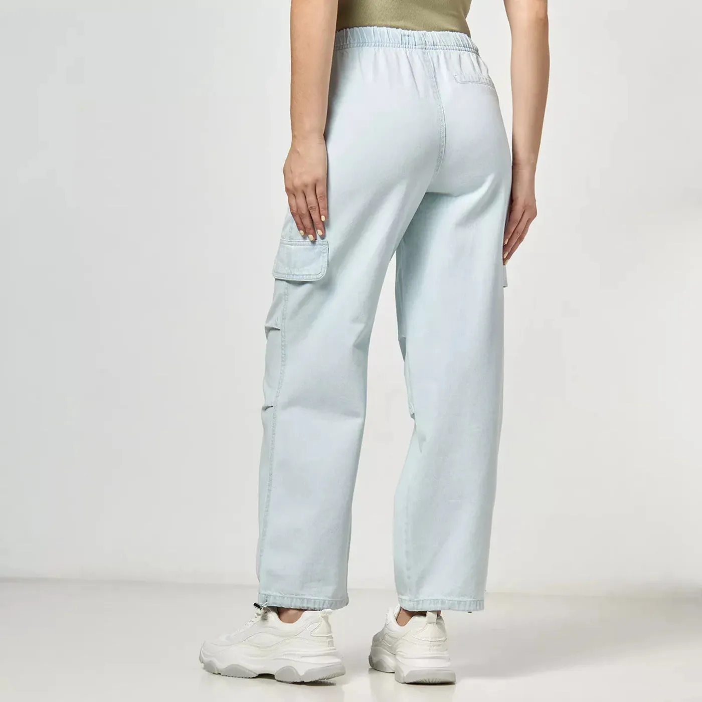 Ice Blue Plain Parachute Cargo Jeans