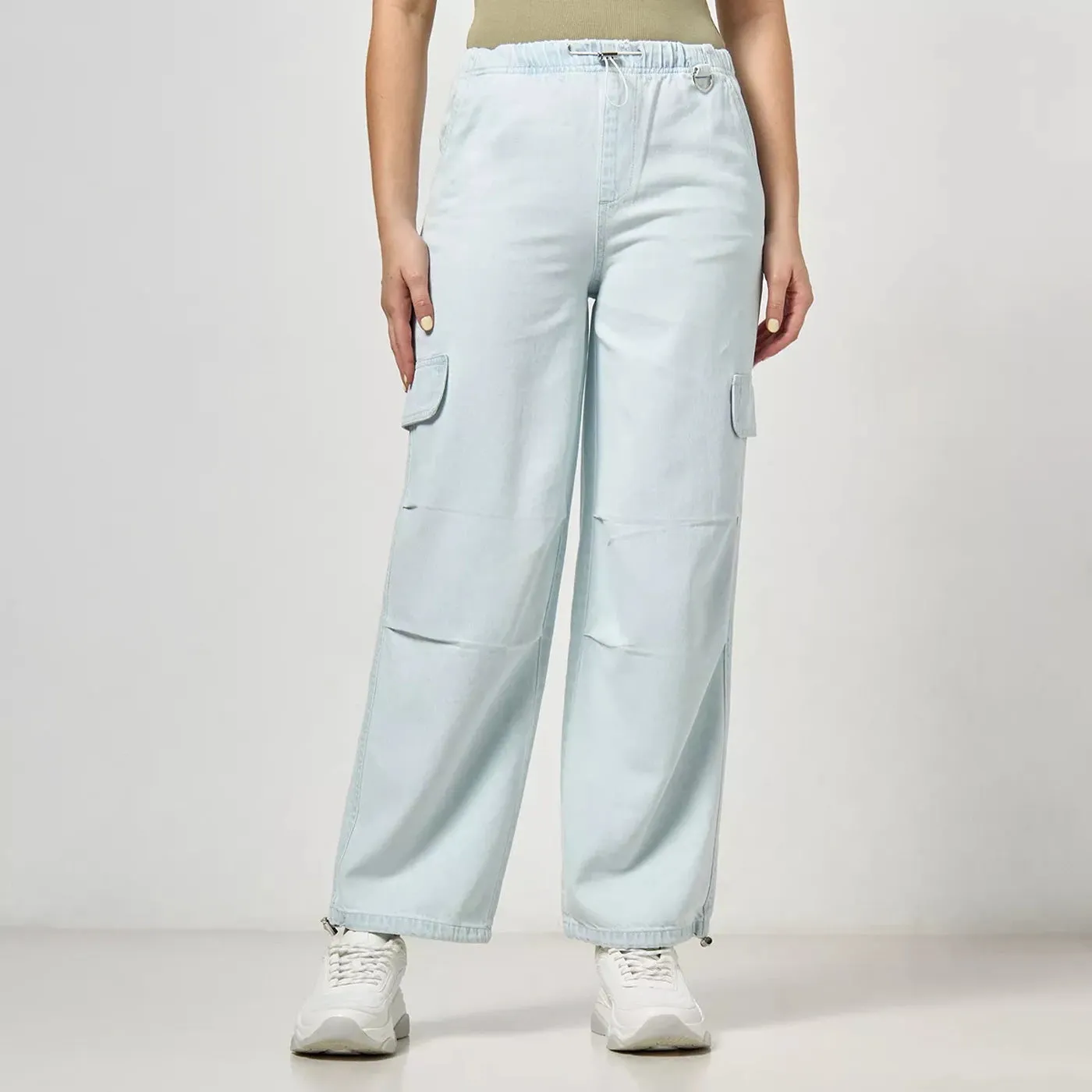 Ice Blue Plain Parachute Cargo Jeans