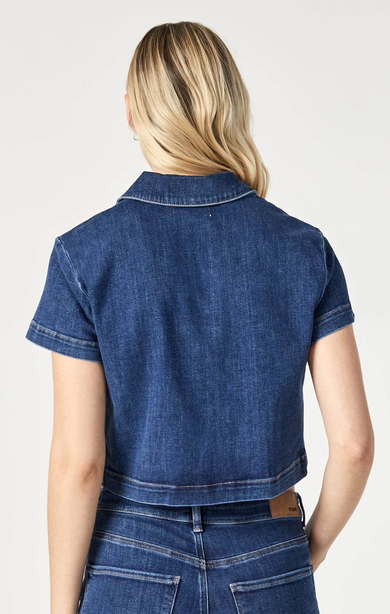 KEYLA CROP SHORT SLEEVE SHIRT IN DARK FEATHER BLUE