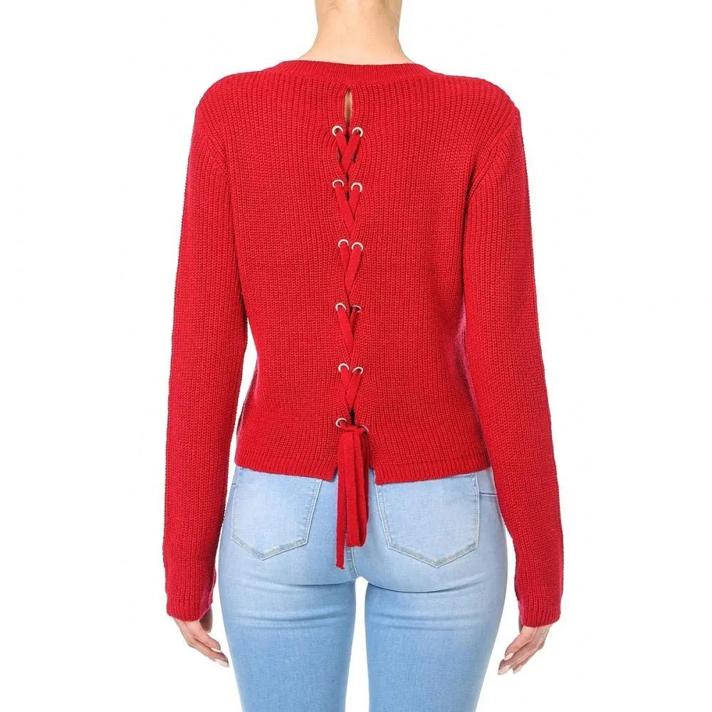 Khanomak Women's Back Lace-Up Raglan Long Sleeve Low-Gauge Sweater