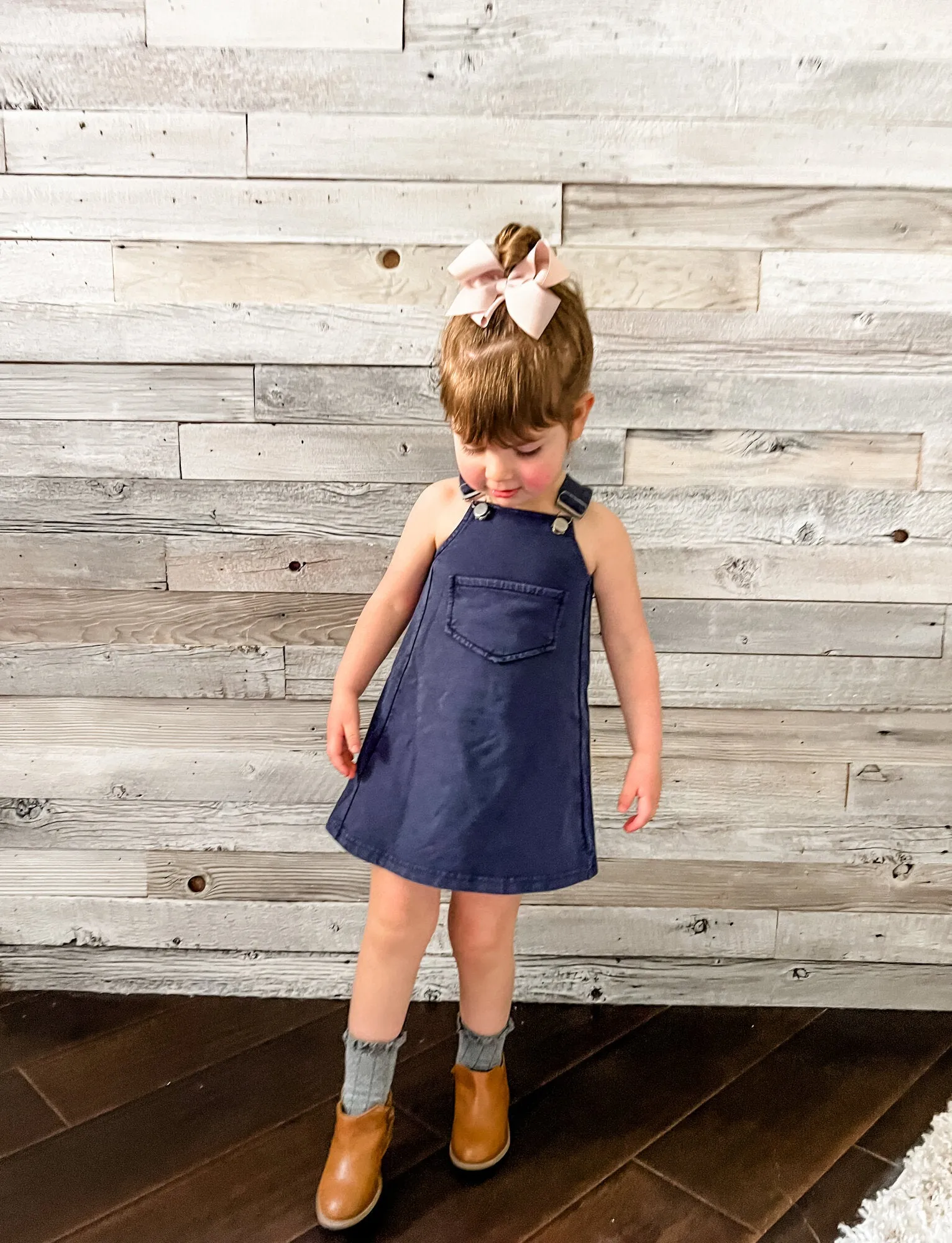 Kid's Faux Denim Buckle Dress in Navy