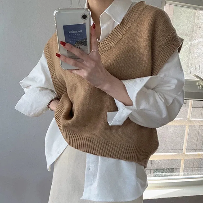 Korean Style White Shirt with Knitted V-Neck Vest