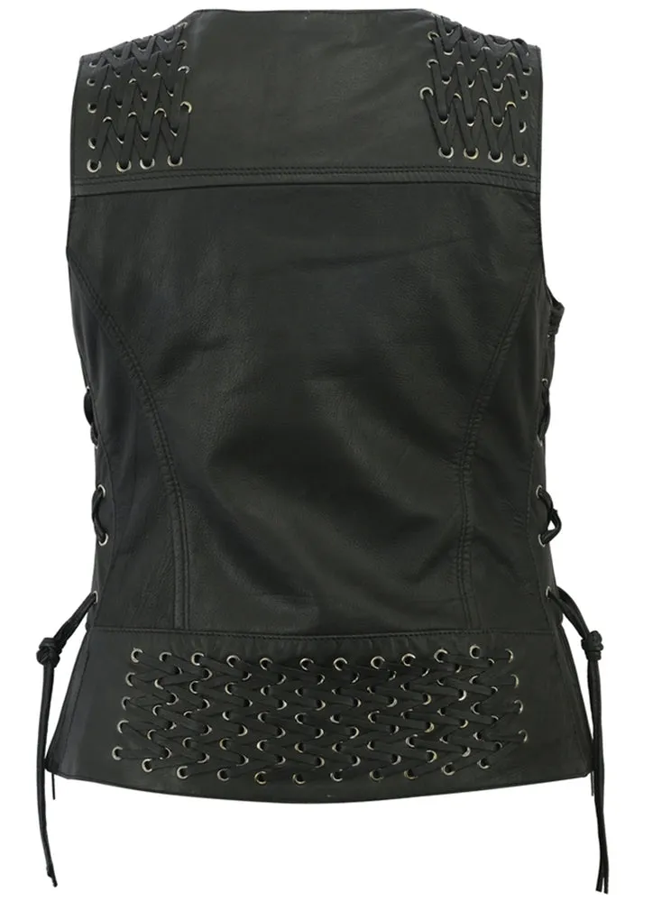 Leather Women's Vest with Grommet and Lacing Accents