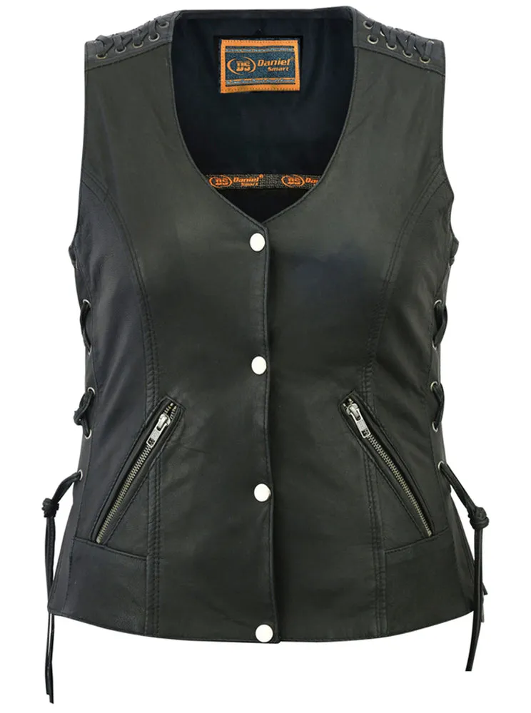 Leather Women's Vest with Grommet and Lacing Accents