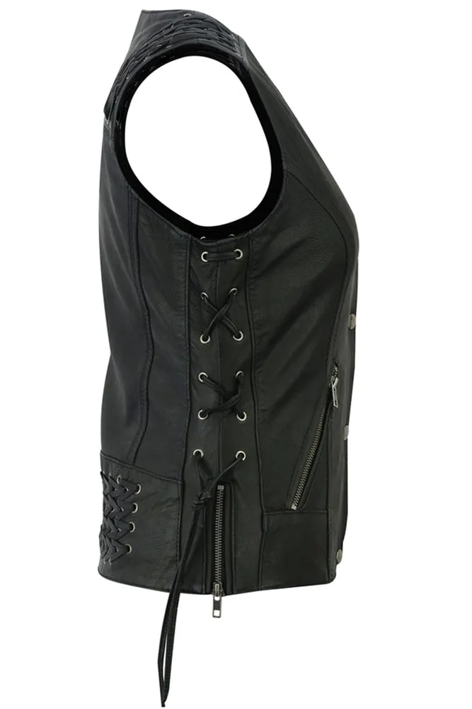 Leather Women's Vest with Grommet and Lacing Accents