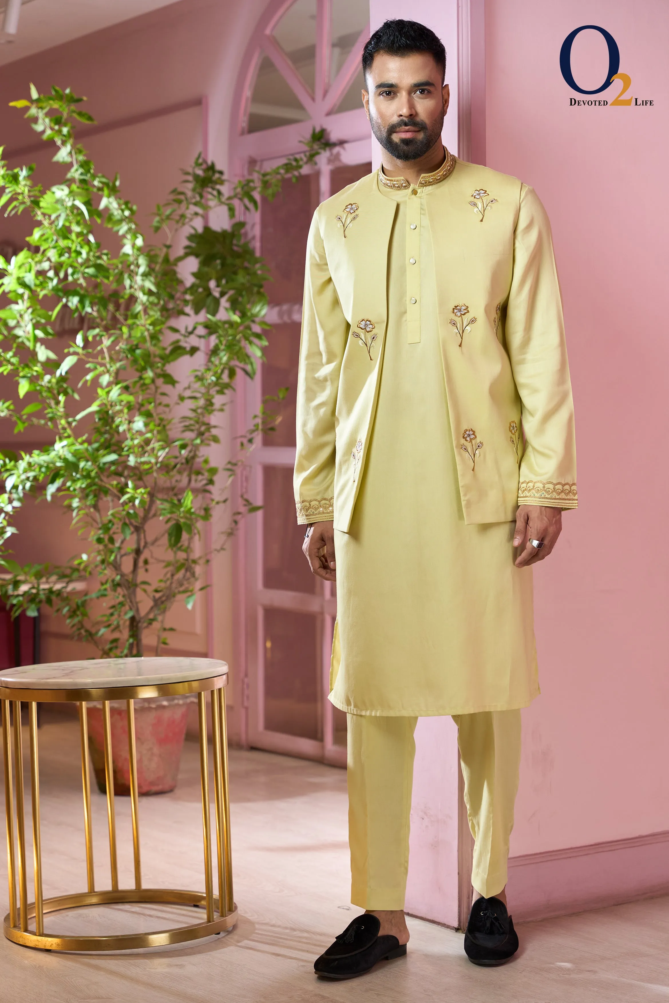 Lemon Yellow Silk Panjabi Set With Ethnic Vest