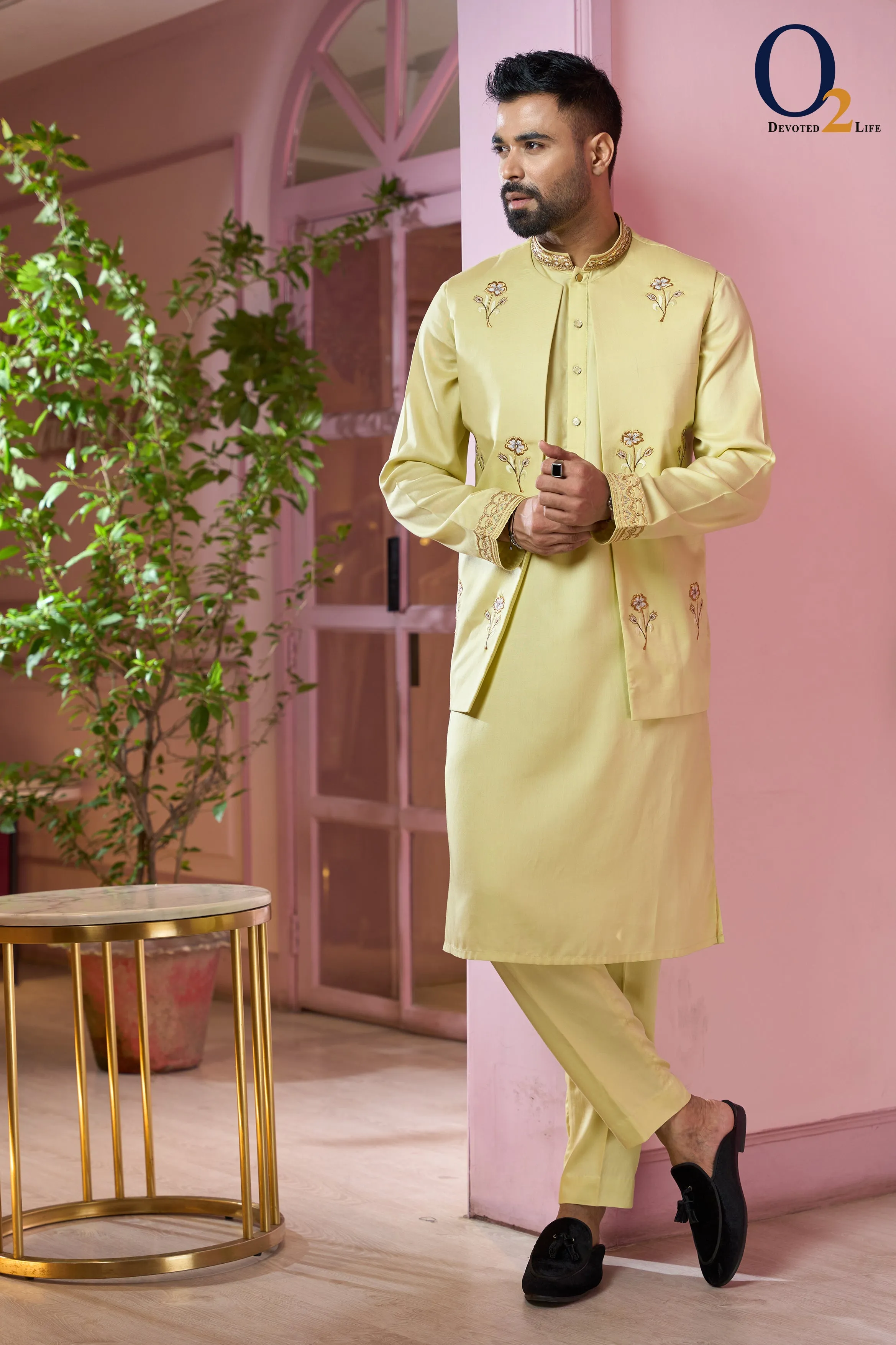 Lemon Yellow Silk Panjabi Set With Ethnic Vest