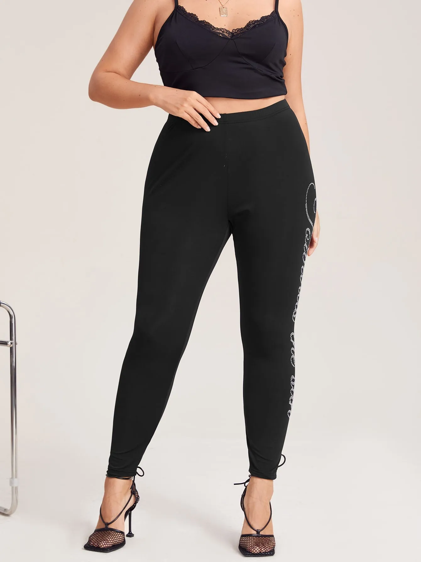 Letter Rhinestone Cropped Plus Size Leggings