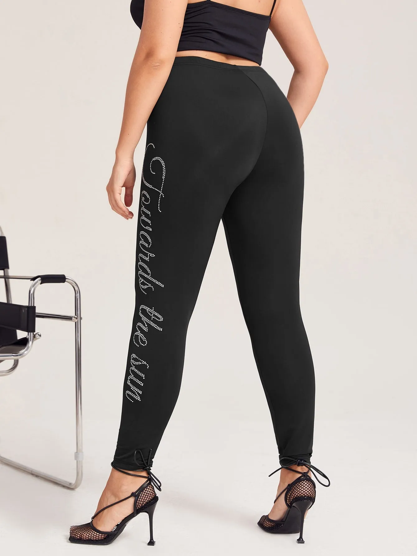 Letter Rhinestone Cropped Plus Size Leggings