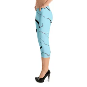 Light Blue Marble Women's Tights, Marble Print Dressy Fashion Capri Leggings Pants- Made in USA/ EU