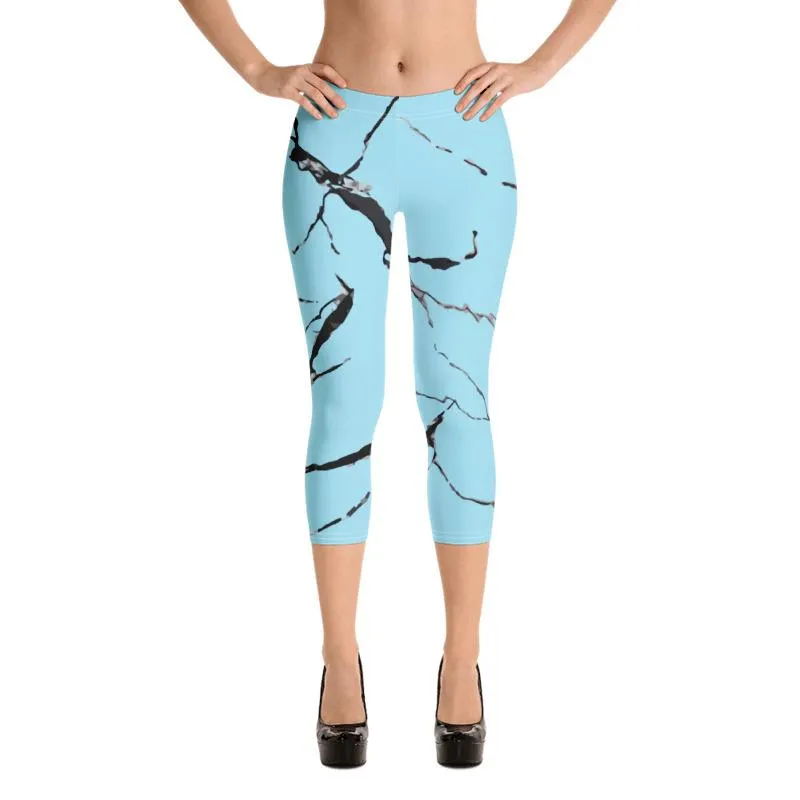 Light Blue Marble Women's Tights, Marble Print Dressy Fashion Capri Leggings Pants- Made in USA/ EU