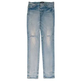 Light Wash Blue Distressed Knee Slashed Shotgun Blasted Denim Skinny Jeans