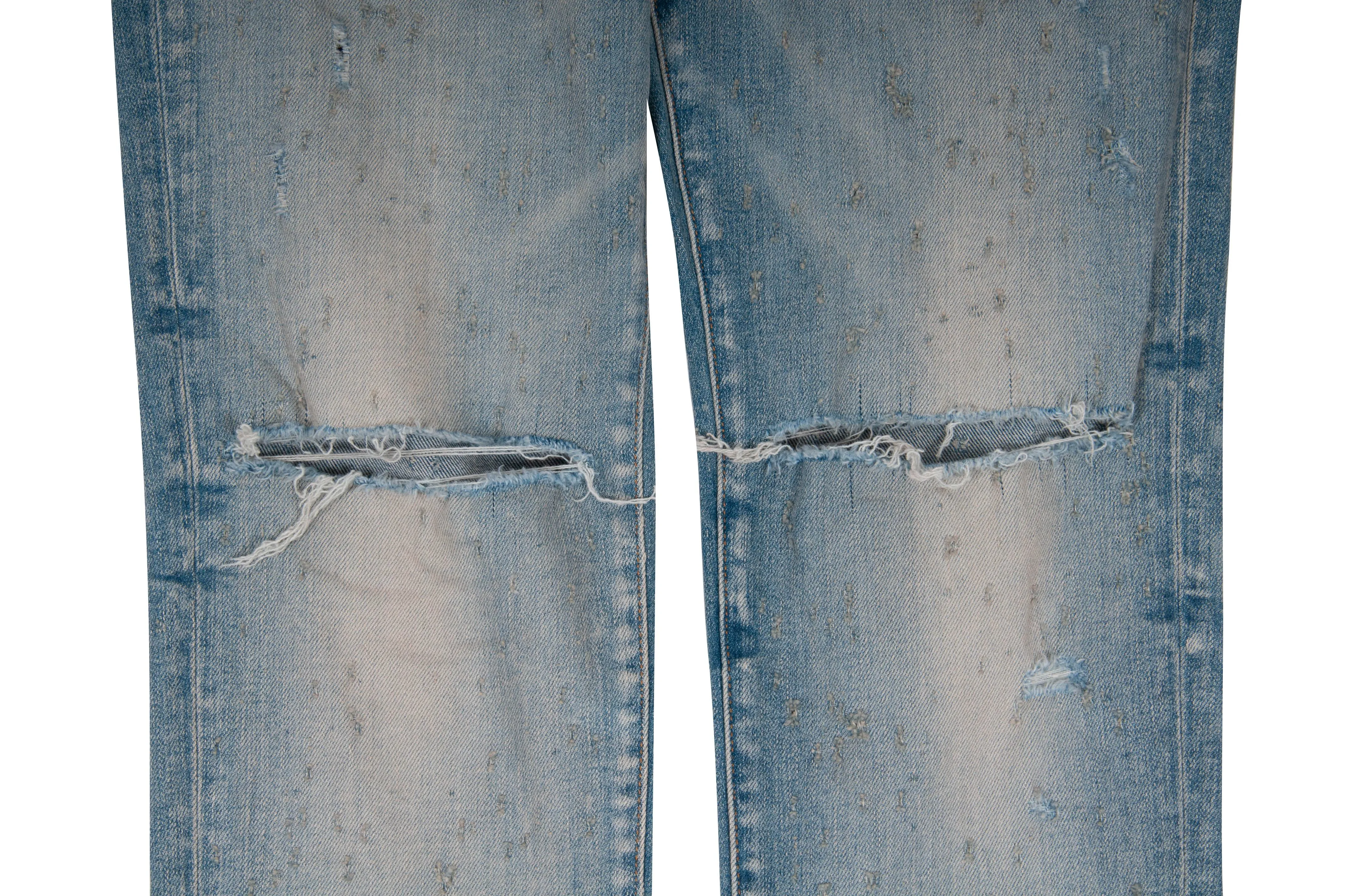 Light Wash Blue Distressed Knee Slashed Shotgun Blasted Denim Skinny Jeans